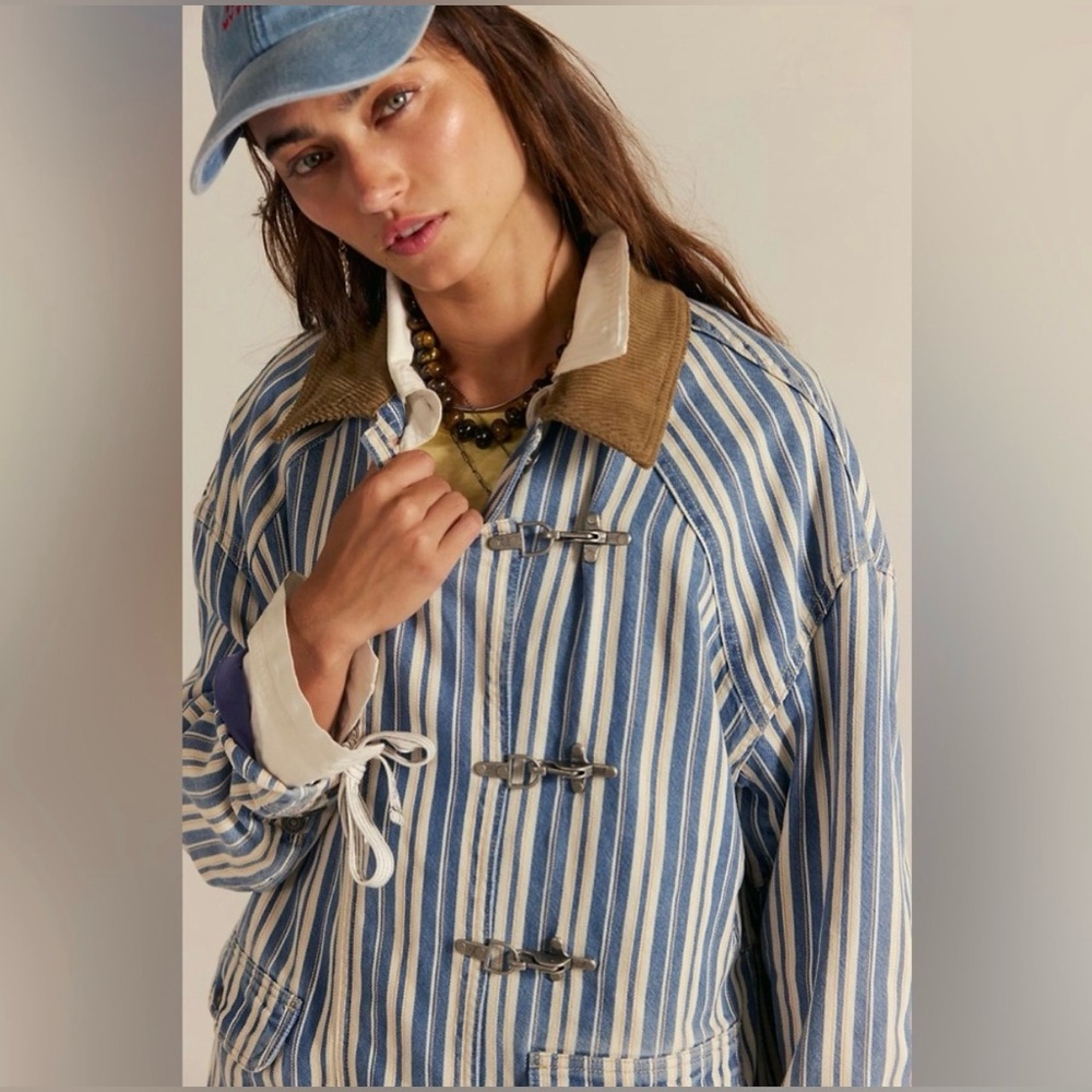 Free People Blue and White Striped Jean Jacket with Brown Corduroy Collar